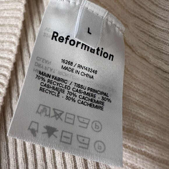 Reformation Cutout Shoulder Sweater Womens Large Cream 100% Cashmere Ribbed Knit - Picture 7 of 10